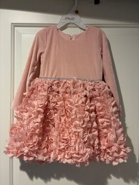 NWT Designer dress- Blush Pink Velvet  top, silver band, flowery skirt - wedding
